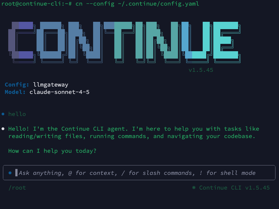 Continue CLI running with LLM Gateway